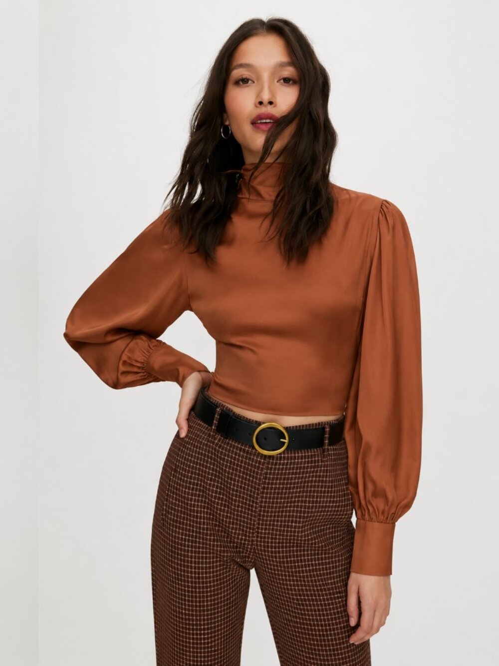 Aritzia Wilfred Leigh Blouse High Shine Backless Satin Brown Copper Size XS - Picture 4 of 8